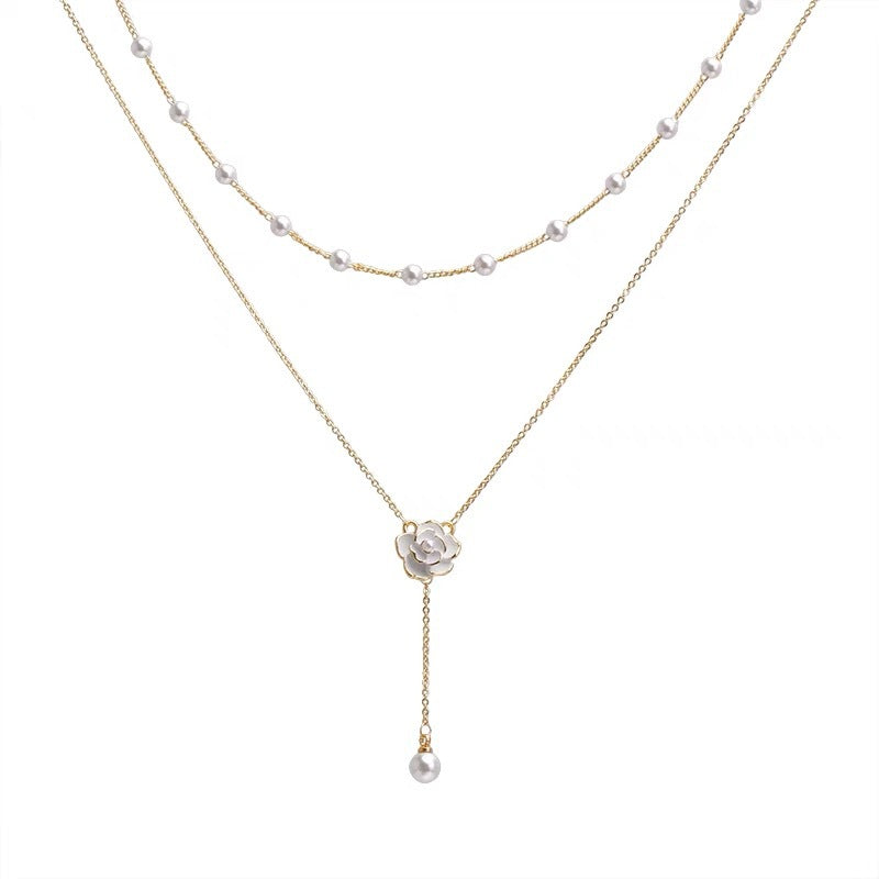 Wholesale Pearl Necklace Double Layer Camellia Sweater Chain Clavicle Chain